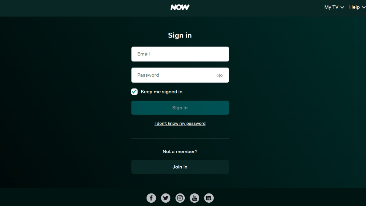 Sign in page for Now 