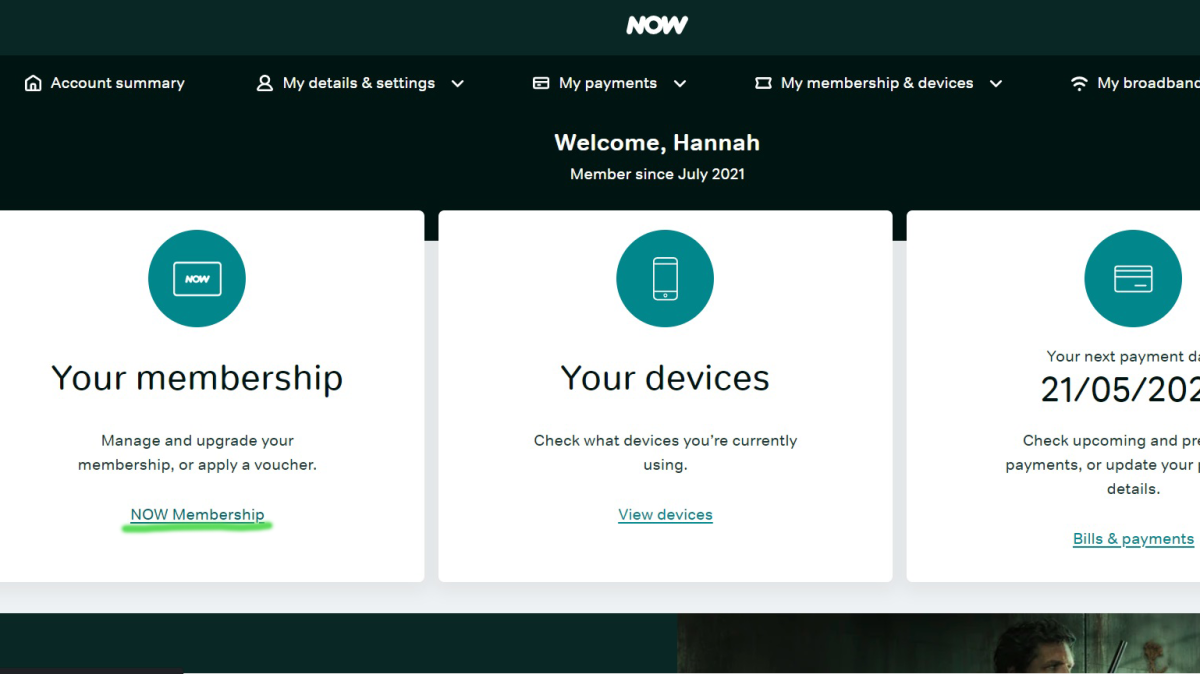 Now account page with 'Now membership' highlighted in green