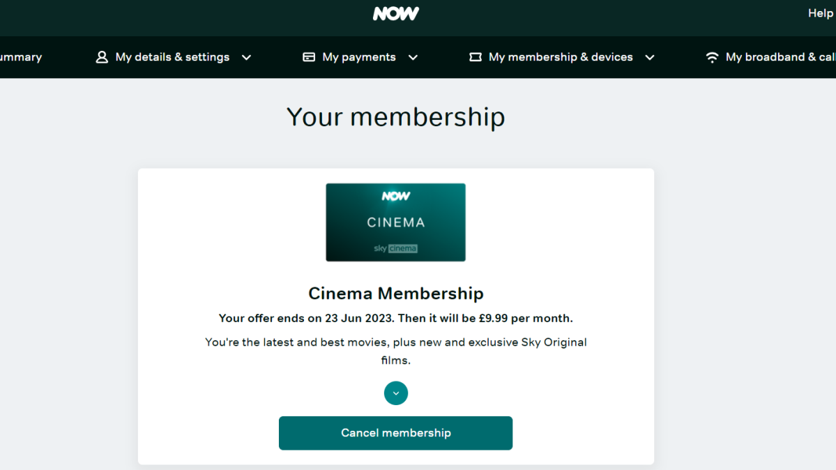 Cinema membership cancellation page
