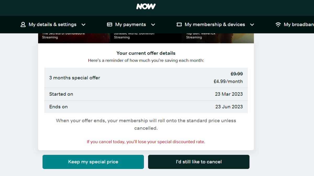 'I'd still like to cancel' section of Now cancellation page