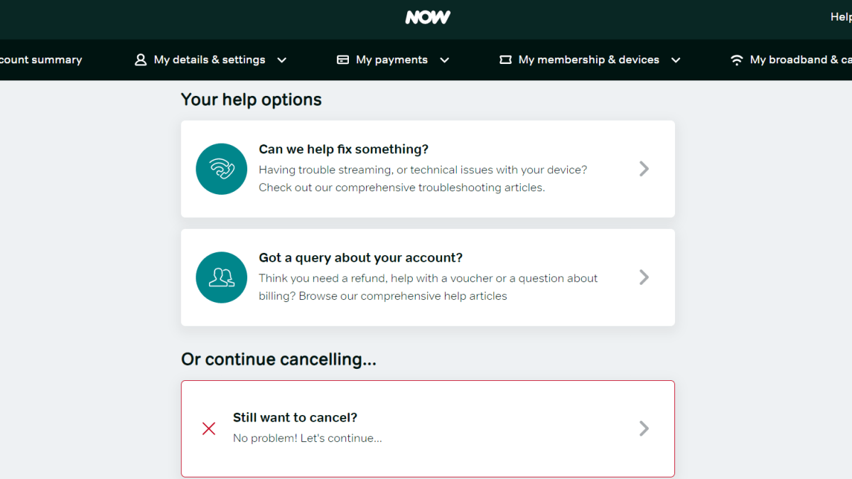 Now cancellation page with 'still want to cancel' highlighted in red