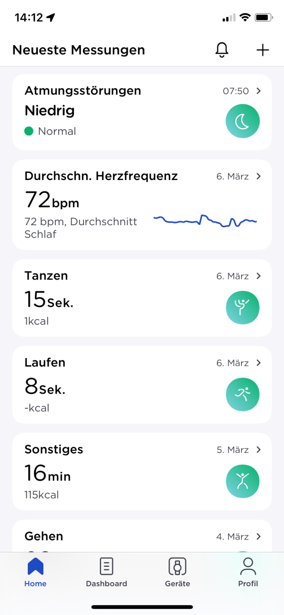 Dashboard der Health-Mate-App