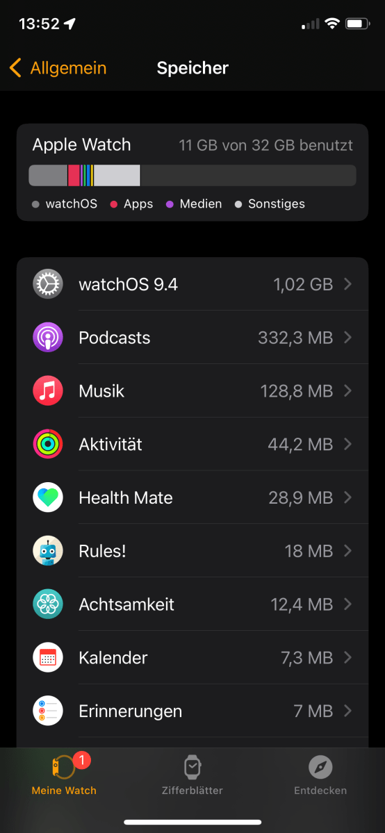 Speicher der Apple Watch anzeigen und analysieren