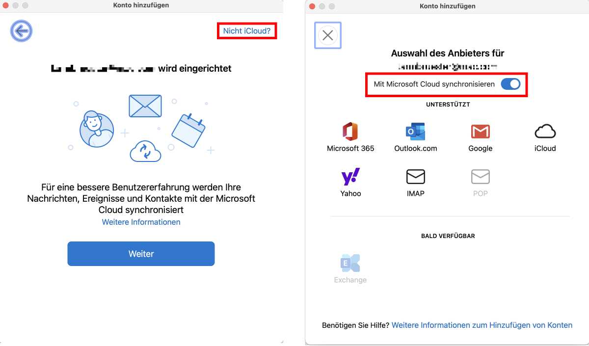 Dialogfenster zum Einrichten eines Kontos