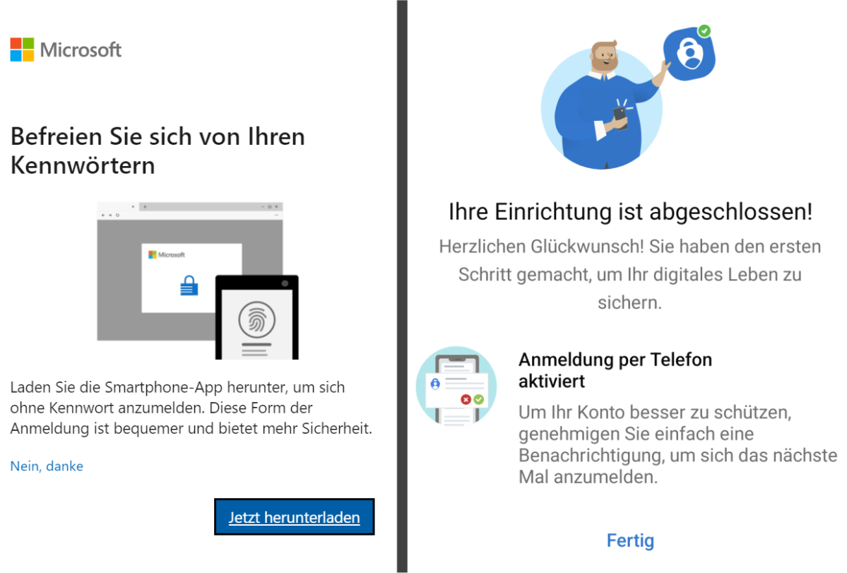 Microsoft wirbt fürs Anmelden ohne Passwörter und hilft Schritt für Schritt beim Einrichten: Nach wenigen Minuten ist das Log-in per Authenticator-App am Smartphone möglich.