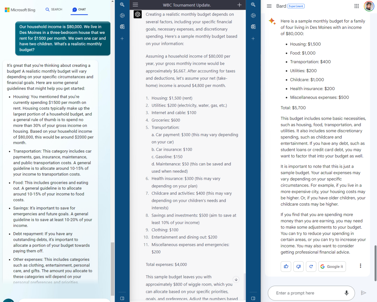 Bing Chat vs Google Bard vs ChatGPT AI household budget