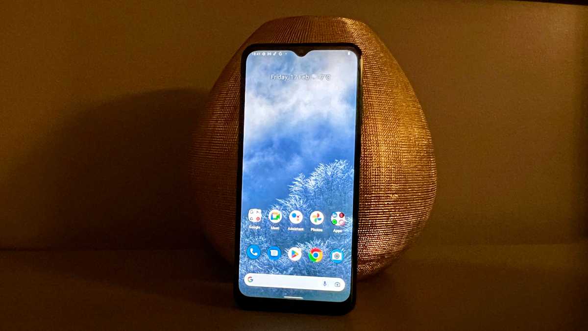 Nokia G60 smartphone in front of a vase
