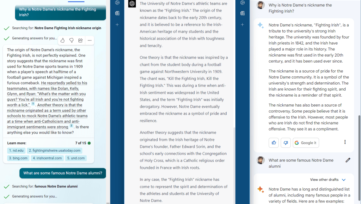 Bing Chat vs Google Bard vs ChatGPT AI Fighting Irish Notre Dame