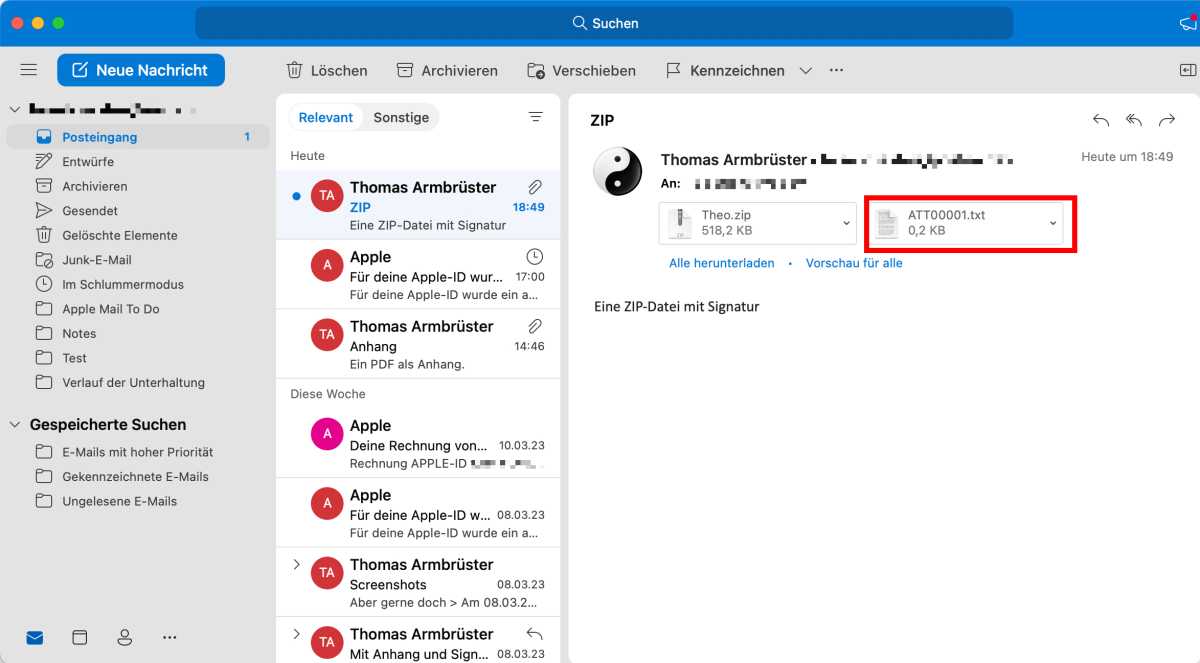 Anzeige der Signatur als E-Mail-Anhang
