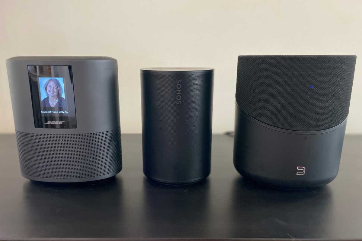 Sonos Era 100 (middle) compared to Bose Home 500 (left) and Bluesound Pluse M