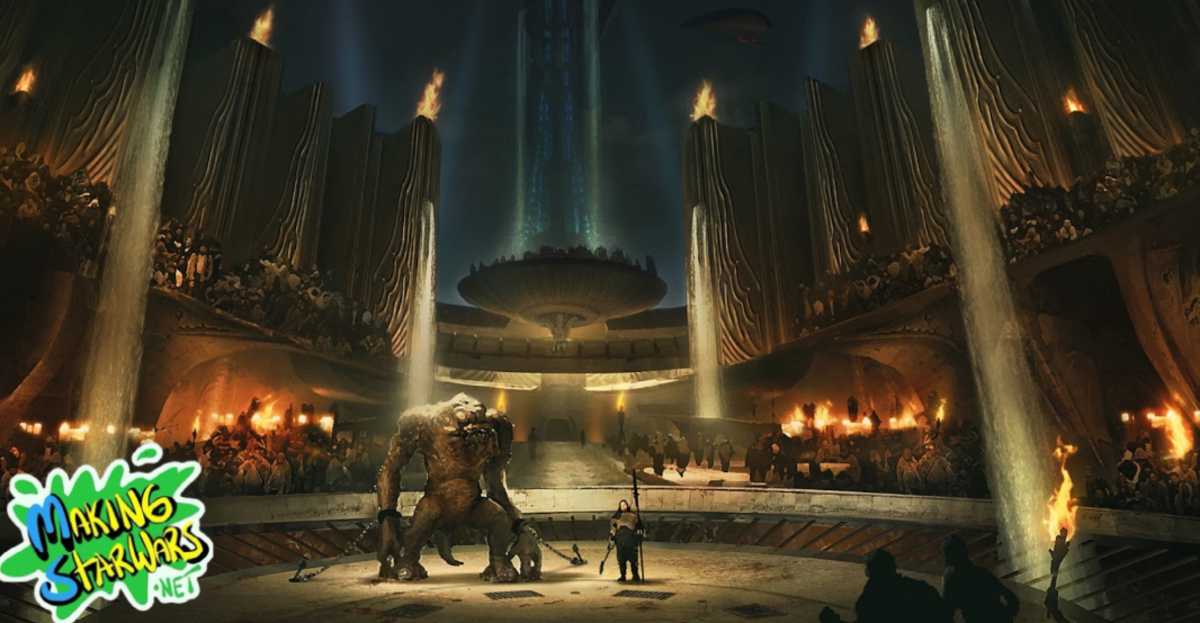 Xibariz wirkt vor allem sehr groß – eine riesige Raumstation mit Kasinos, Nachtclubs, Theatern, aber auch diesem epischen Kolosseum, in dem Gladiatoren gegen Rancors antreten.