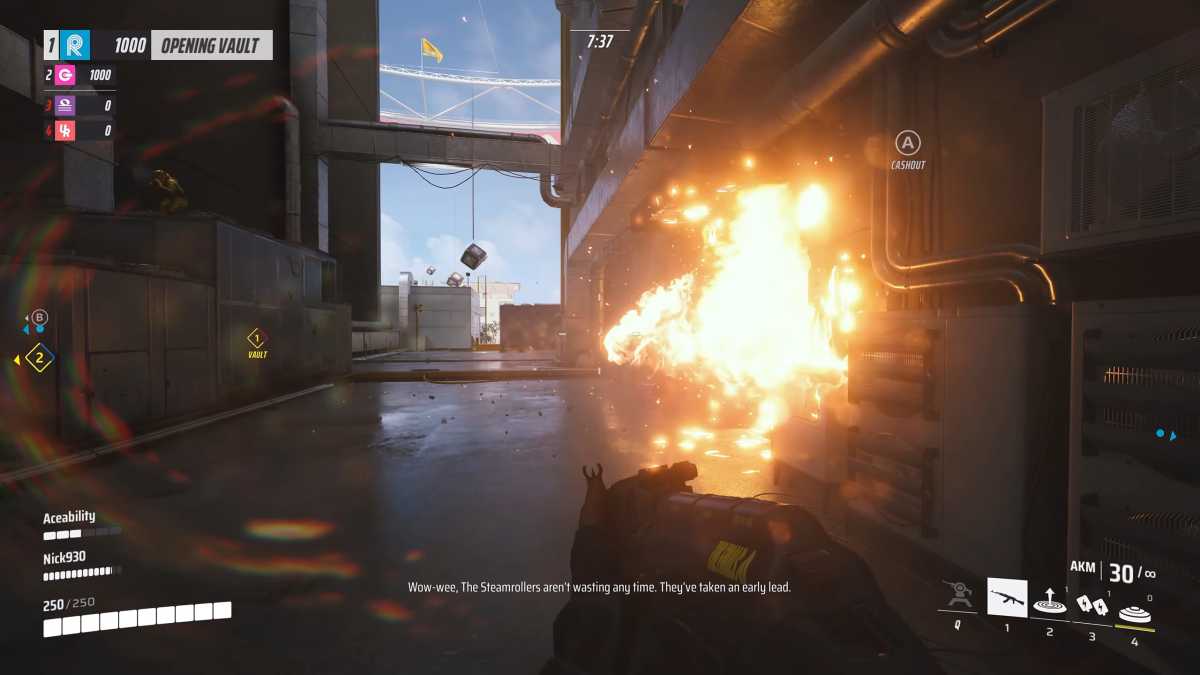 The Finals ist ein Next-Generation-Shooter: Solche Feuersbrünste nach Explosionen erwarten wir sonst in einer geskripteten Kampagne. Hier hat einfach einer eine Brandgranate geworfen, ein anderer einen Gaskanister hinterher.