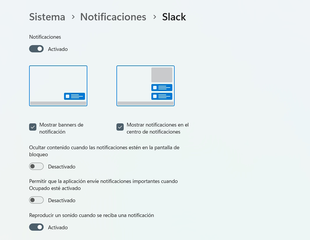 Windows 11 notificaciones slack