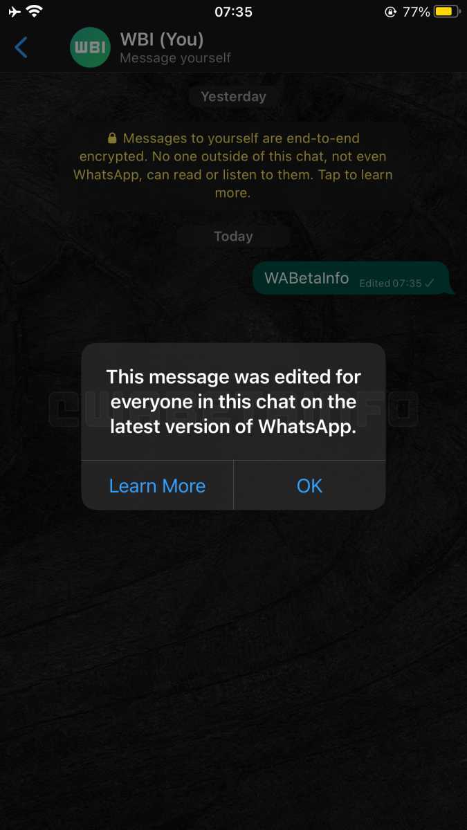 Whatsapp Beta Screenshot, auf dem ein englischer Hinweis auf eine bearbeitete Nachricht zu sehen ist