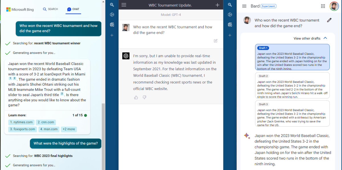 Bing Chat vs Google Bard vs ChatGPT AI WBC