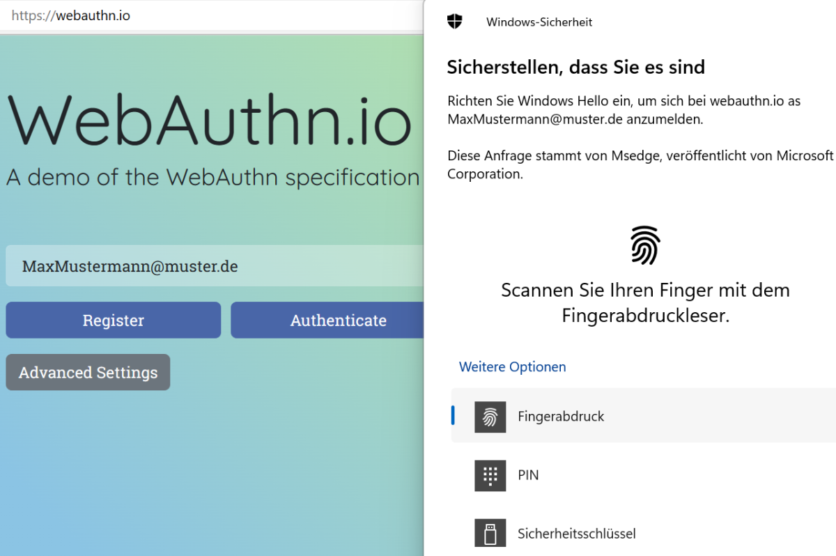 Auf der Webseite WebAuthn.io können Sie das Anmelden ohne Passwort innerhalb von Sekunden ausprobieren: Fiktives Konto registrieren, absichern und authentifizieren.