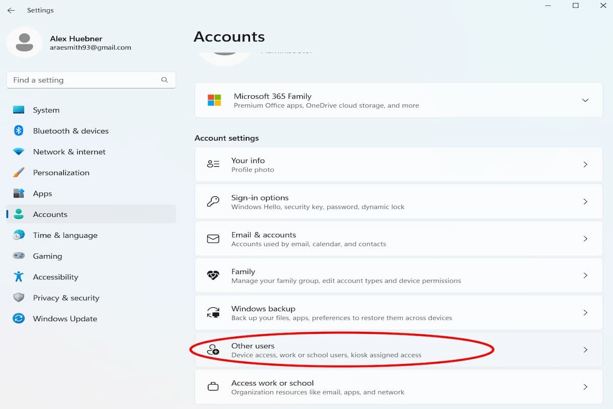 From the Accounts settings page, you will see an option for “Other users” toward the bottom of the menu. 