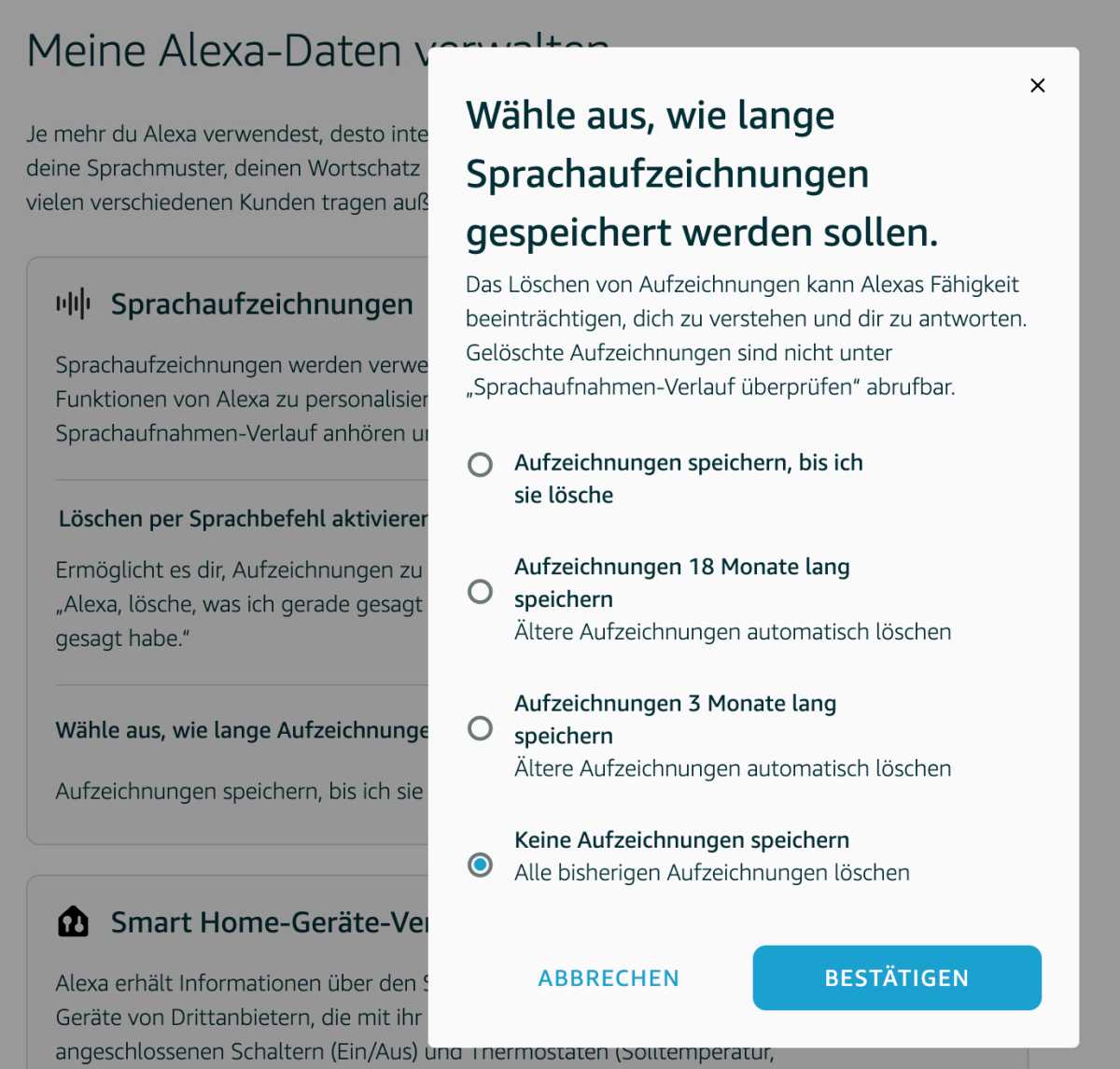Amazon Sprachaufzeichnungen Einstellungen