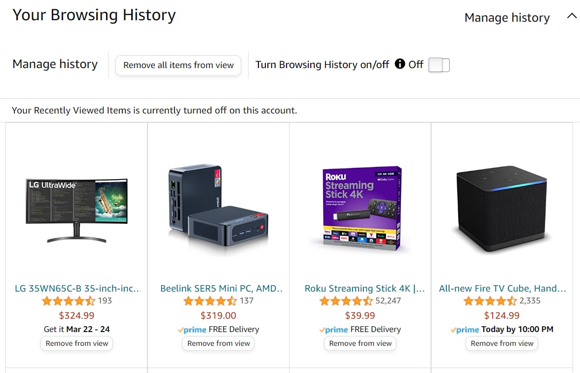 Amazon browsing history settings