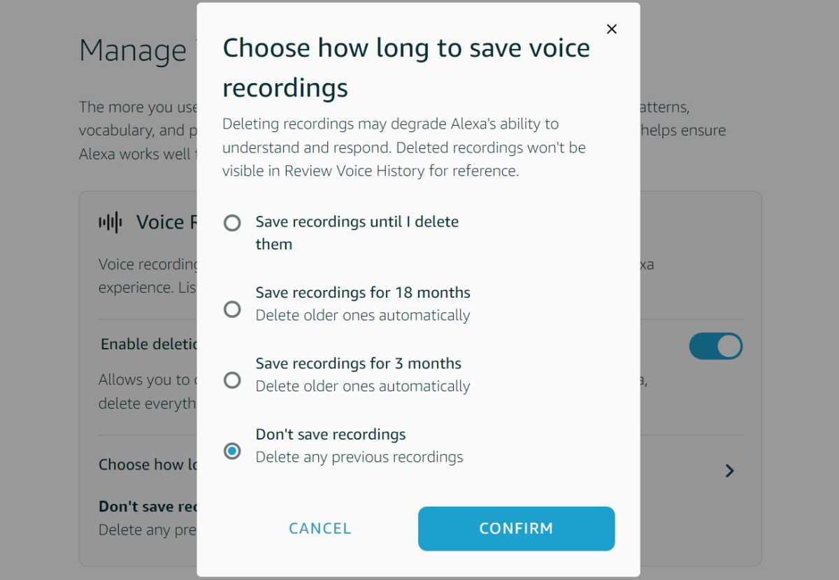 Alexa's "Don't save recordings" option