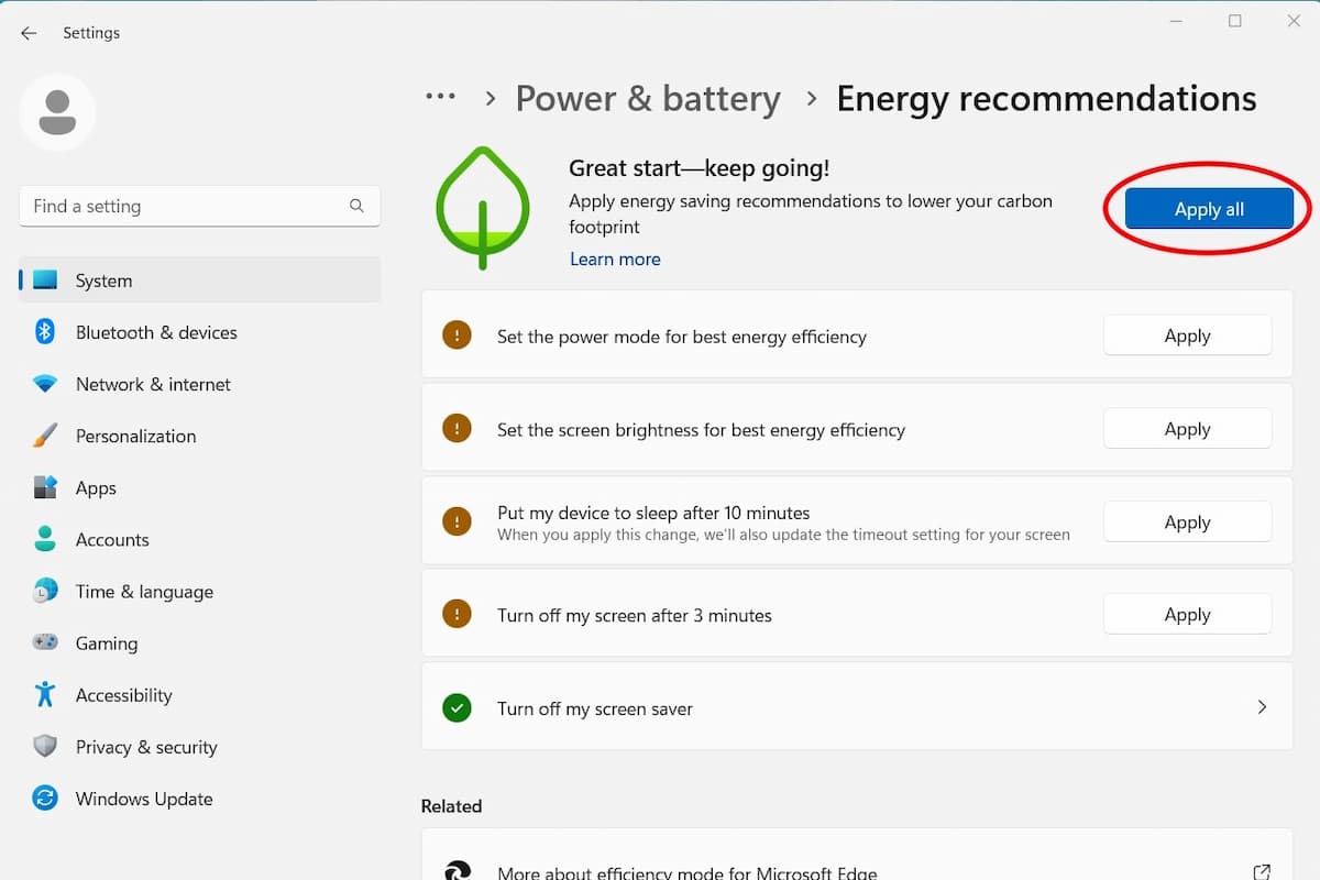 The top selection is to apply all of the recommended settings.