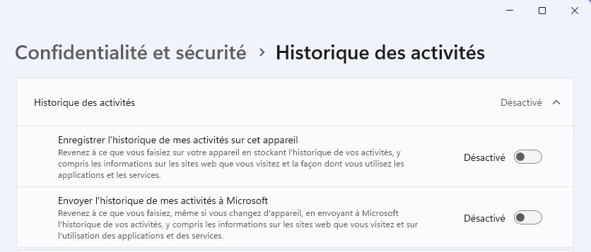désactiver l’historique des activités Windows 11