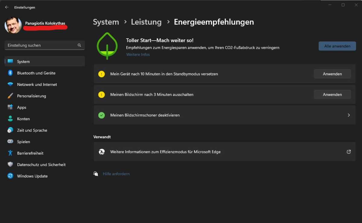 Windows 11 gibt Tipps zum Stromsparen