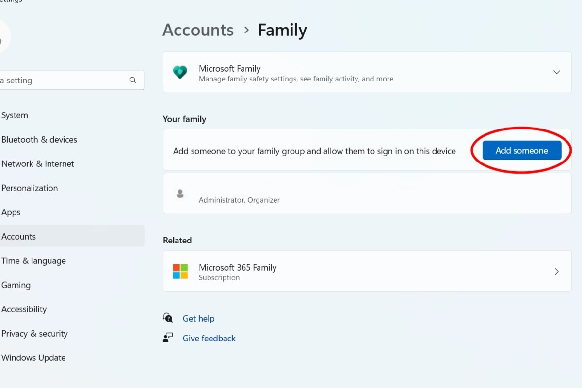 As soon as you click the “Family” button, you will see an option to “Add someone” on the right.