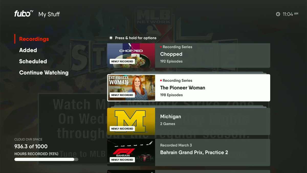FuboTV DVR menu