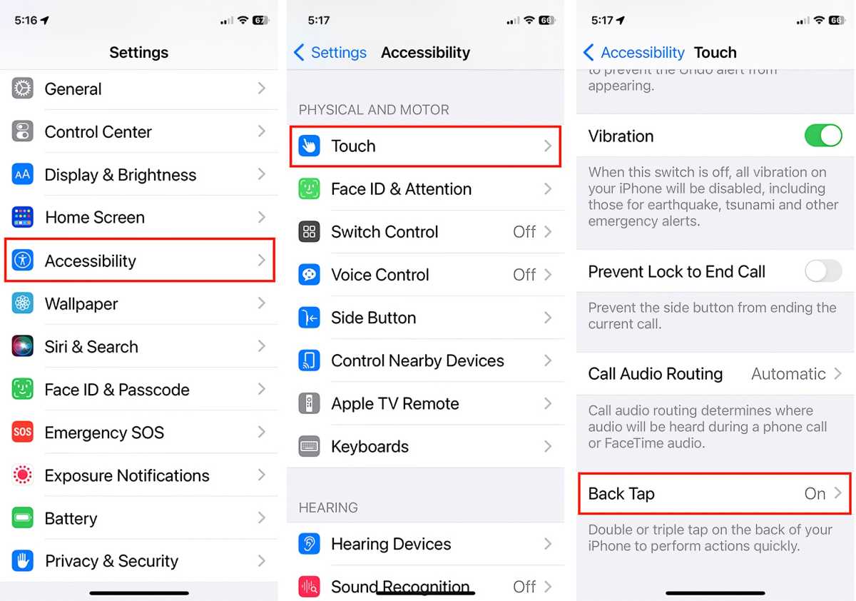 Настройки обратного касания iOS