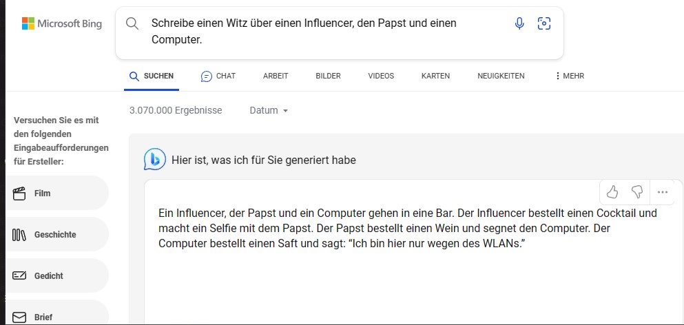 Der Bing KI Chat kann auch Witze erzählen, die manchmal wirklich gut sind.
