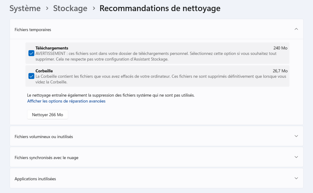 Nettoyage fichiers temporaires Windows 11
