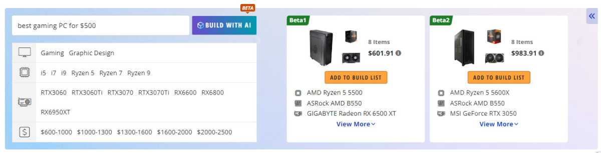 Newegg AI pc builder, $500