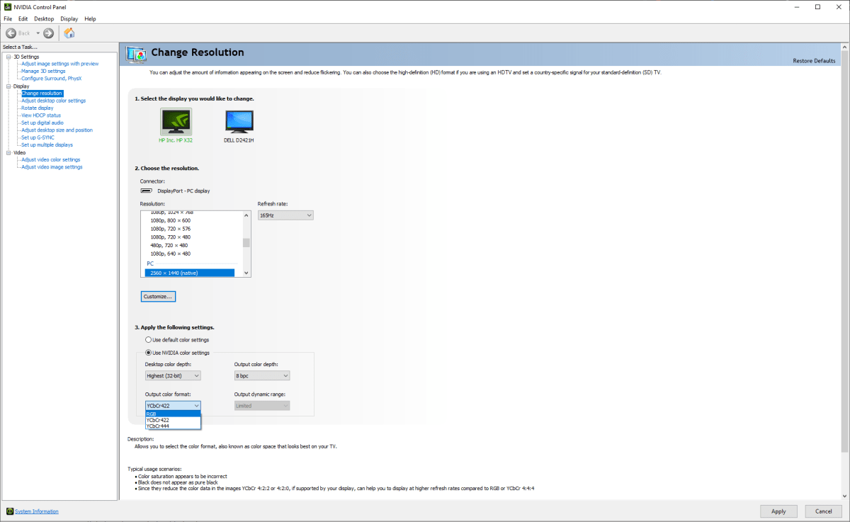 Nvidia's Control Panel lets you play with the color format for output