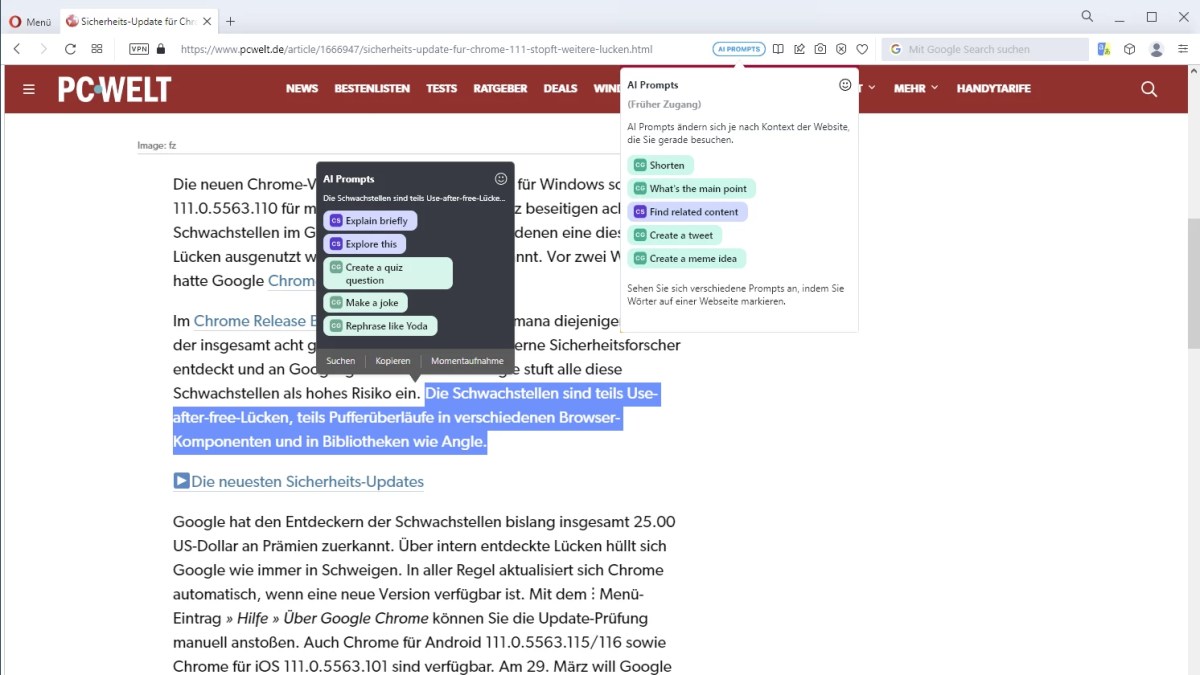 Opera 97 mit AI Prompt