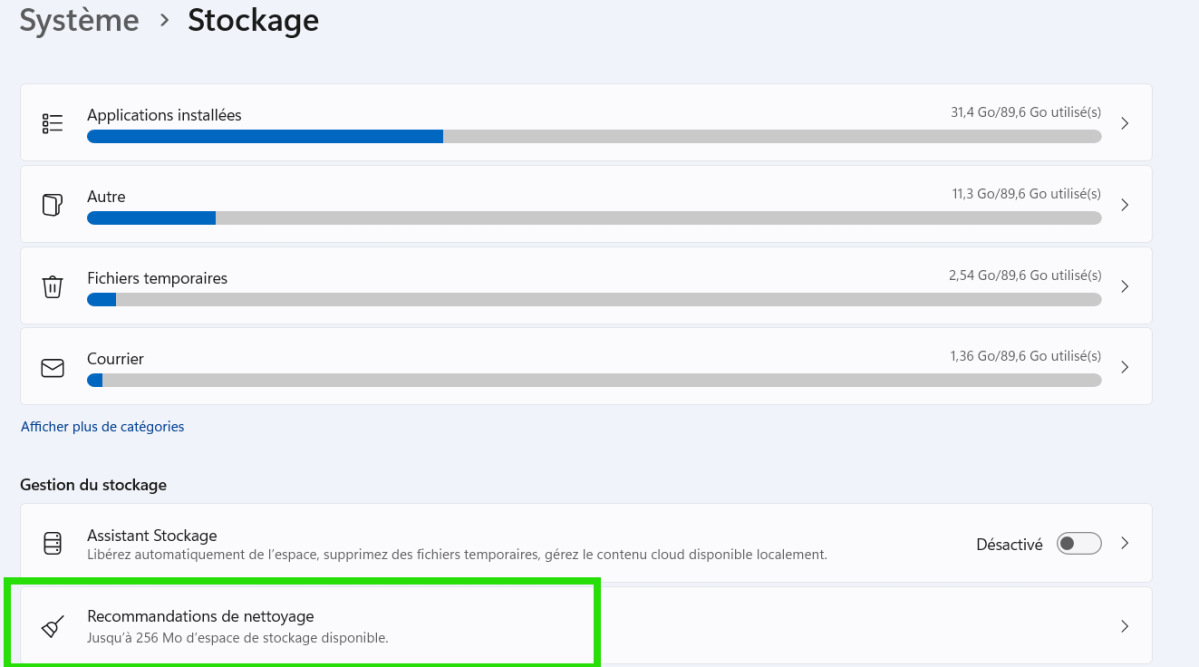 Windows 11 recommandations de nettoyage