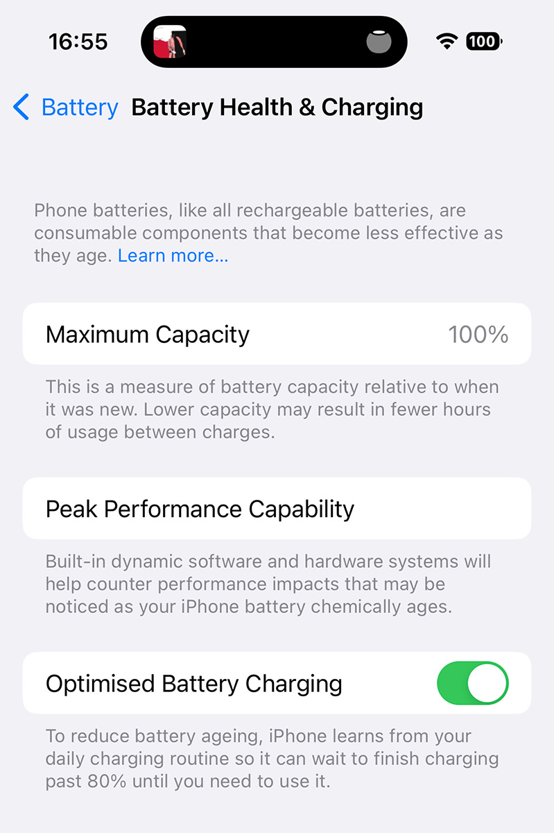 iPhone battery health in Settings