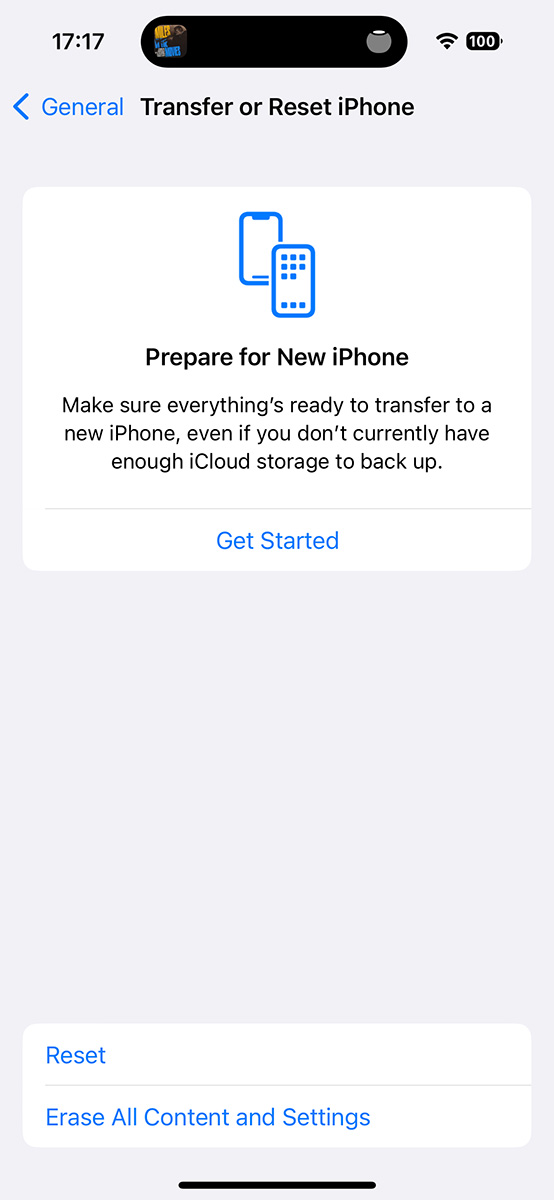 Transfer or Reset iPhone in Settings