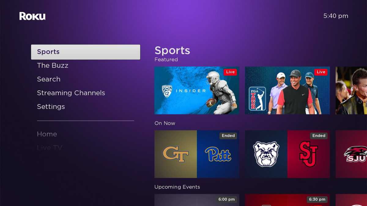 Roku TV Sports menu
