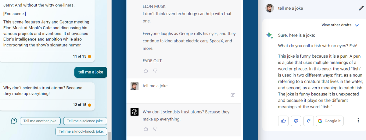 AI Bing versus Bard versus ChatGPT joke
