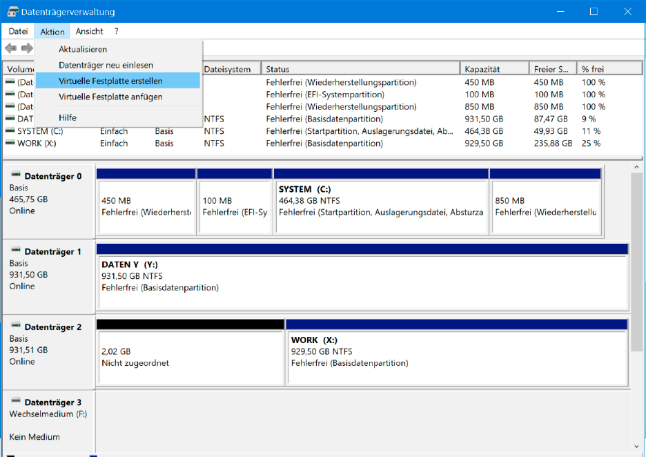 In der Datenträgerverwaltung von Windows 10 und 11 legen Sie über das Menü „Aktion“ und den Befehl „Virtuelle Festplatte erstellen“ ein VHD-Image auf der lokalen Festplatte oder im Netzwerk an.