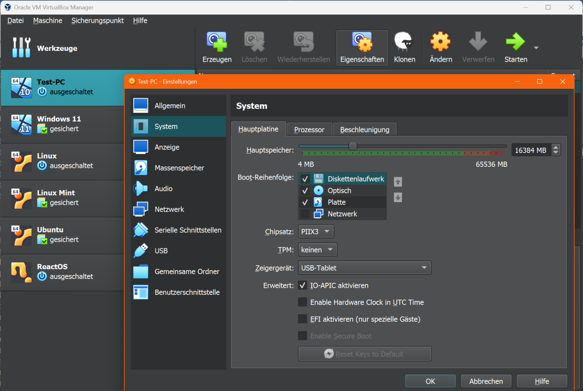 Hardware nach Wunsch: Eine in Virtualbox eingerichtete virtuelle Maschine lässt sich jederzeit umkonfigurieren, beispielsweise für mehr Arbeitsspeicher oder eine zusätzliche Festplatte als Datenspeicher.