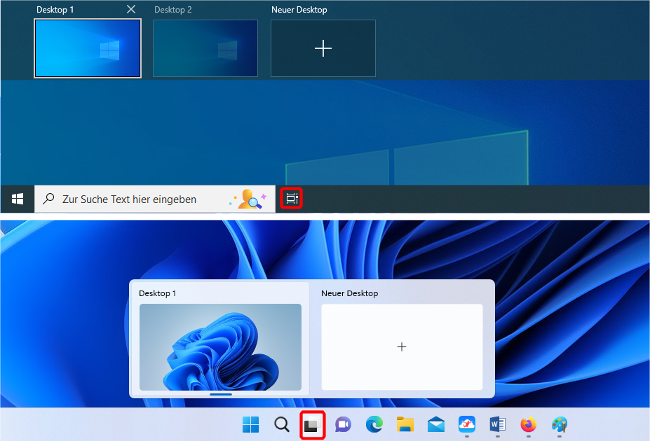 Symbole und Bedienungsführung zum Erstellen von virtuellen Desktops unterscheiden sich bei Windows 10 (oben) und 11 (darunter), Funktionen und Handhabung sind im Wesentlichen gleich.