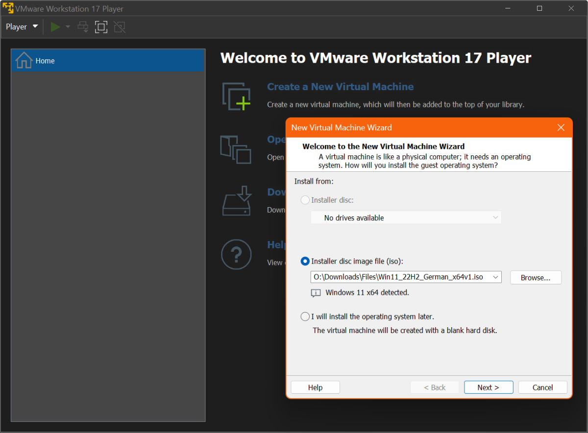 Ein neuer virtueller PC kann im Vmware Workstation Player auf Basis einer Setup-DVD oder über ein ISO-Image eingerichtet werden.