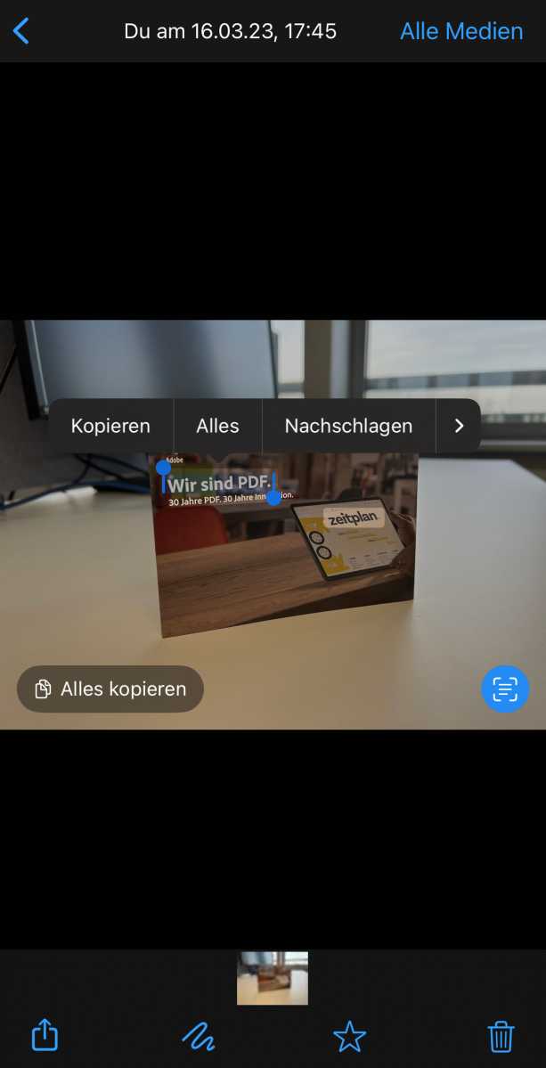 Screenshot der Texterkennungsfunktion von iOS 16 in Whatsapp