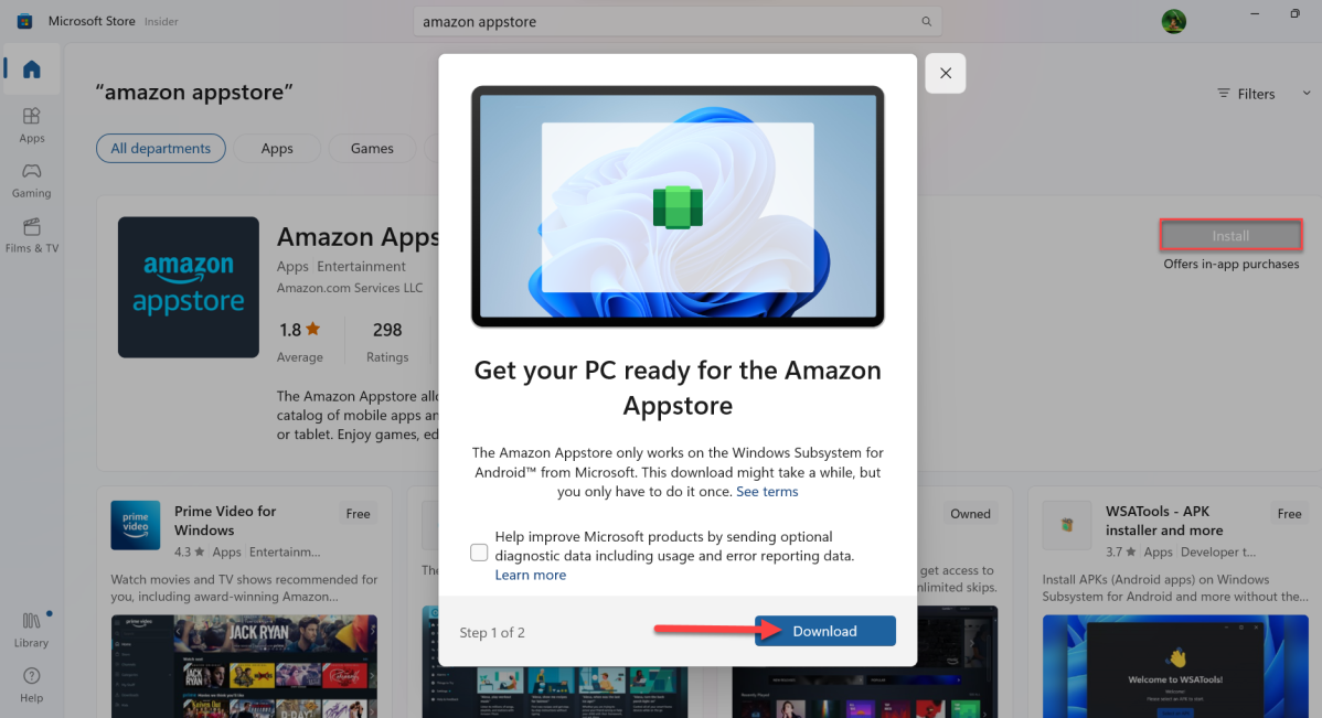 Button to download Windows Subsystem for Android and Amazon Appstore on Windows 11