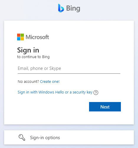 Bing sign in screen
