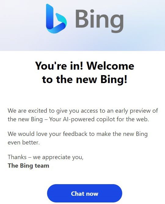 Bing Chat bienvenida por mail