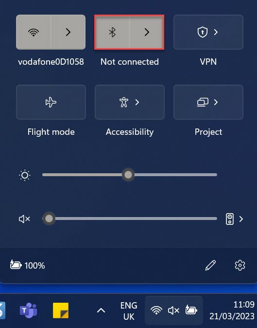 Windows 11 Action Center with Bluetooth highlighted