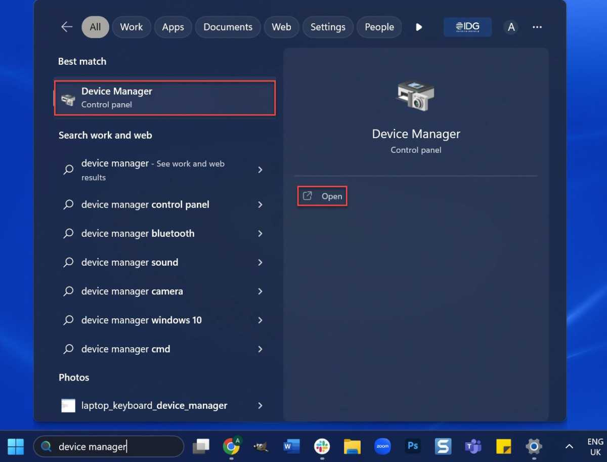 Windows 11 search menu with Device Manager highlighted